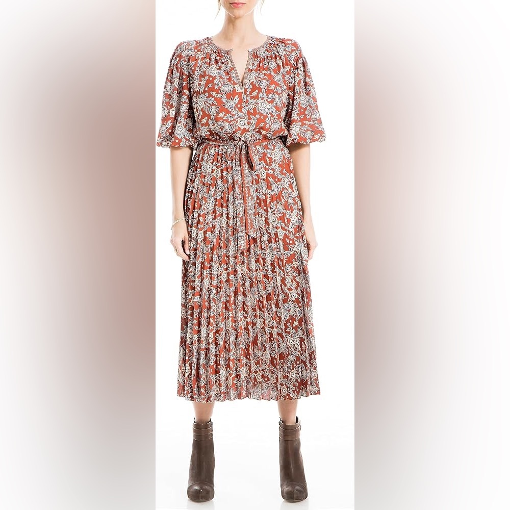Max Studio Women's Elbow Sleeve V-Neck Pleated Dress